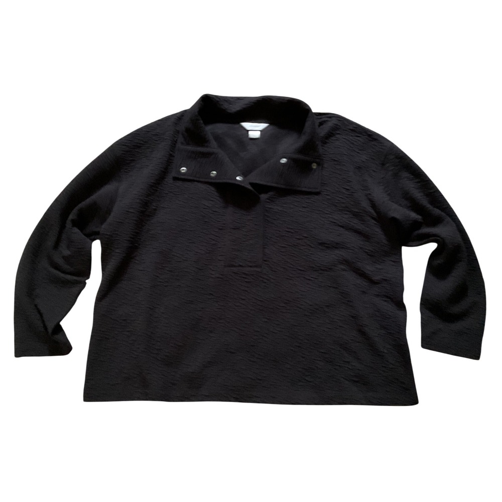 CJ Banks Womens 1X Black Crinkle Textured Snap Neck Pullover Long Sleeve Top